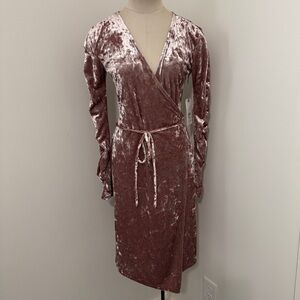 NEW Leith Small Pink Velvet Wrap Dress Ruched Long Sleeves Party Festive Holiday